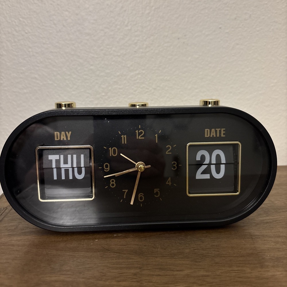 XO Poppy Retro Flip‎ Desk Clock - Day Date, Analog Display Black & Gold Decor